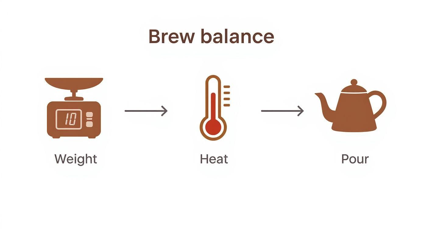 A visual guide illustrating three steps for 'Brew balance': Weighing, heating, and pouring for beverage preparation.