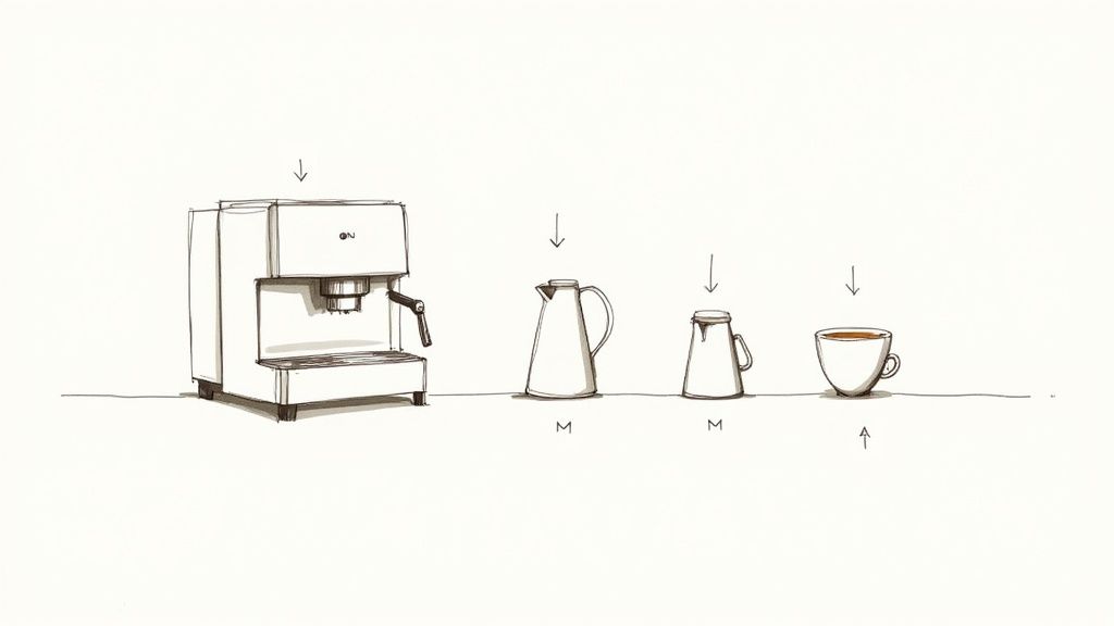 A barista pouring a latte art into a coffee cup.