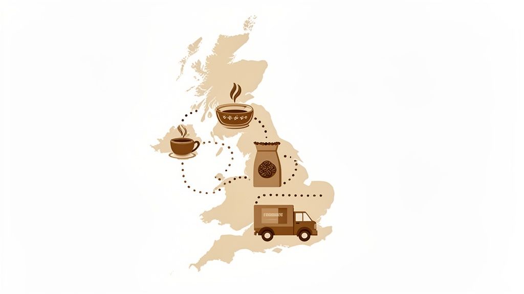 Illustration of a coffee supply chain across the UK map with cups, beans, and a truck.