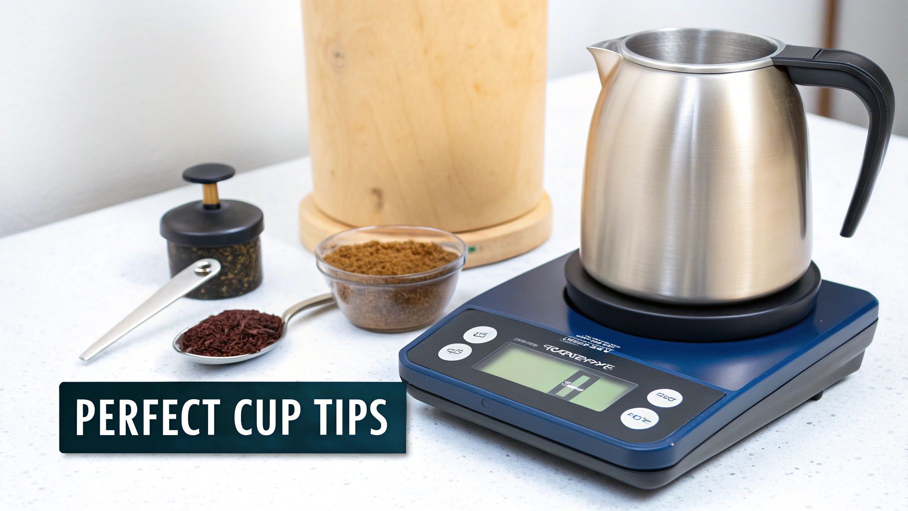 A digital scale with coffee beans on it next to a gooseneck kettle.