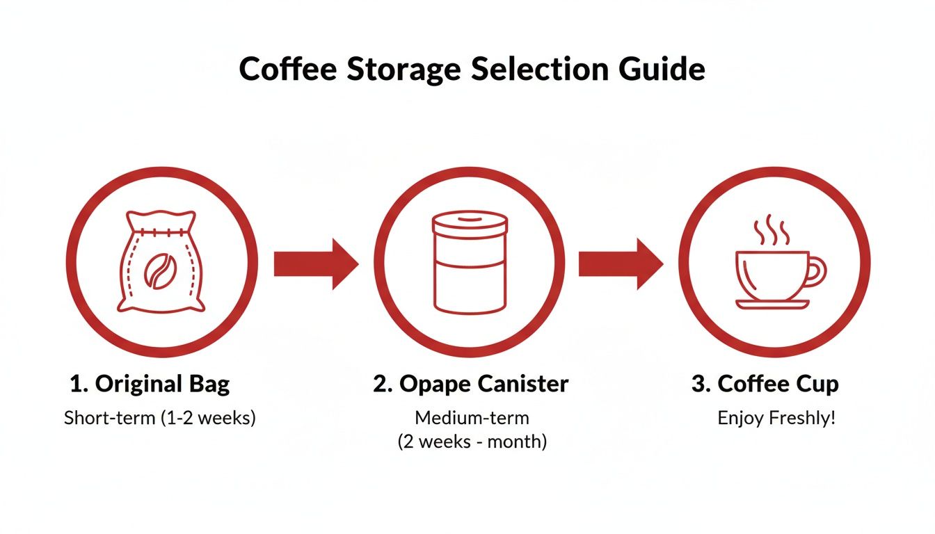 Coffee storage guide infographic showing methods: original bag, opaque canister, and a fresh coffee cup.