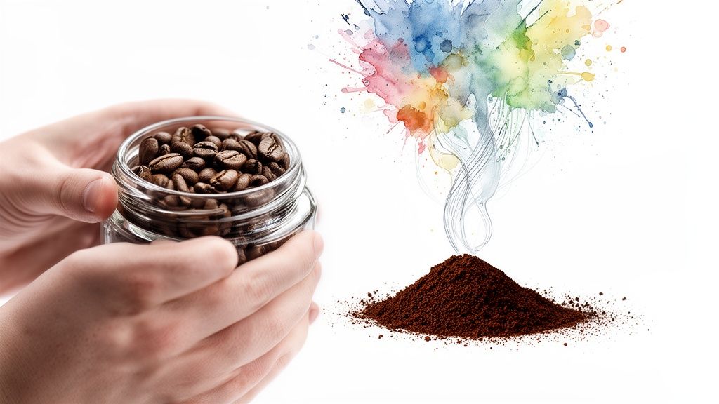 Hands holding a jar of whole coffee beans next to a pile of ground coffee with colorful aroma.