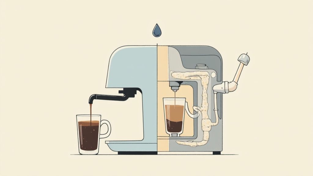 A cross-section of an espresso machine showing scale buildup in its internal pipes while making coffee.