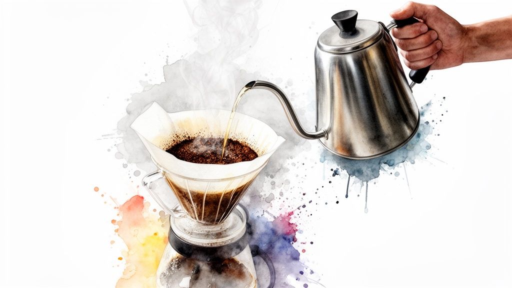 A hand pours hot water from a gooseneck kettle into a coffee filter, brewing fresh coffee with watercolor splashes.