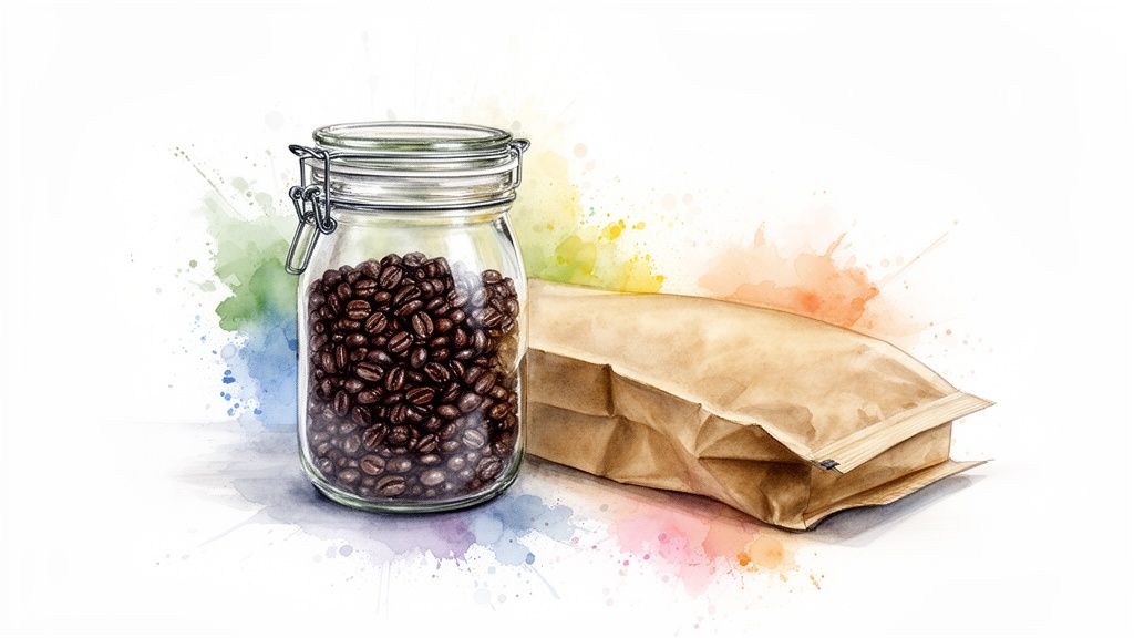 A watercolor illustration of a glass jar filled with dark roasted coffee beans next to a brown paper bag.