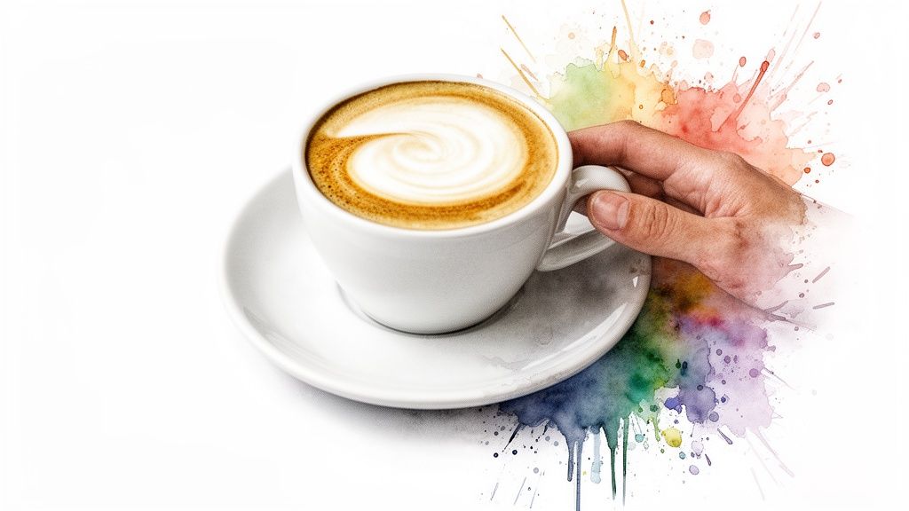 A hand holds a white cup of coffee with latte art, surrounded by vibrant watercolor splashes.