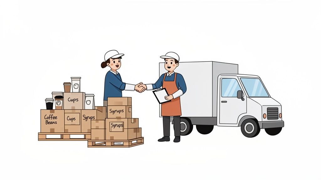 Coffee shop owner and delivery person shaking hands next to pallets of coffee beans, cups, and syrups.