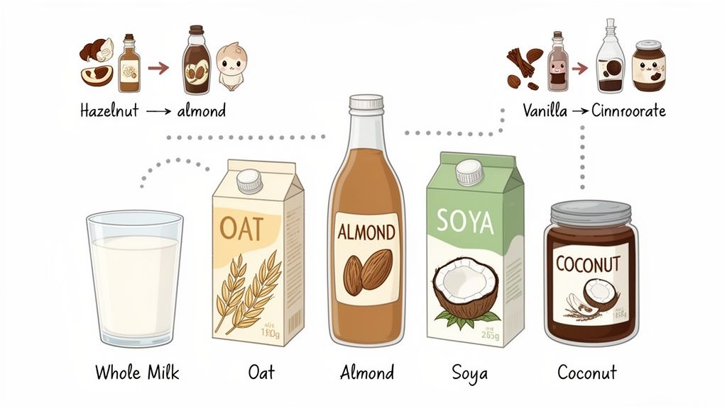 An illustration showing various milk types: whole milk, oat, almond, soya, and coconut, alongside flavor ingredients.