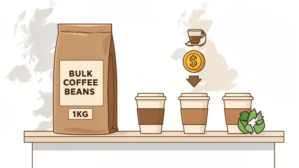 Illustration of bulk coffee beans, retail coffee cups, money, and recycling over a UK map.