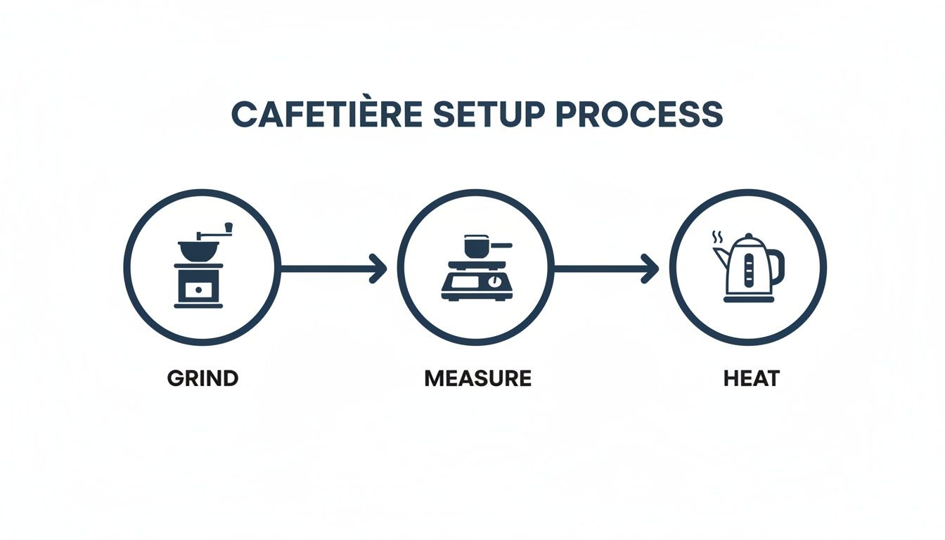A diagram illustrates the cafetière setup process, showing three steps: grind coffee, measure ingredients, and heat water.
