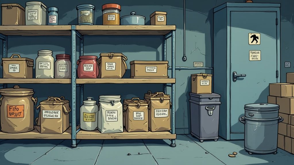 Organized storage room shelves with labeled jars, containers, and bulk food storage supplies