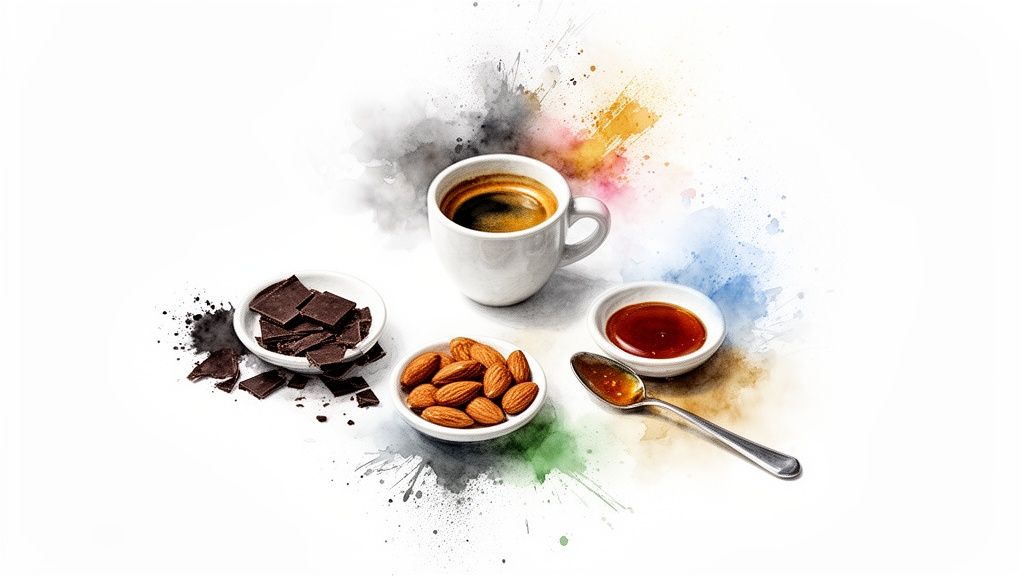 An overhead shot of an espresso, dark chocolate, almonds, and caramel on a white background with colorful splashes.
