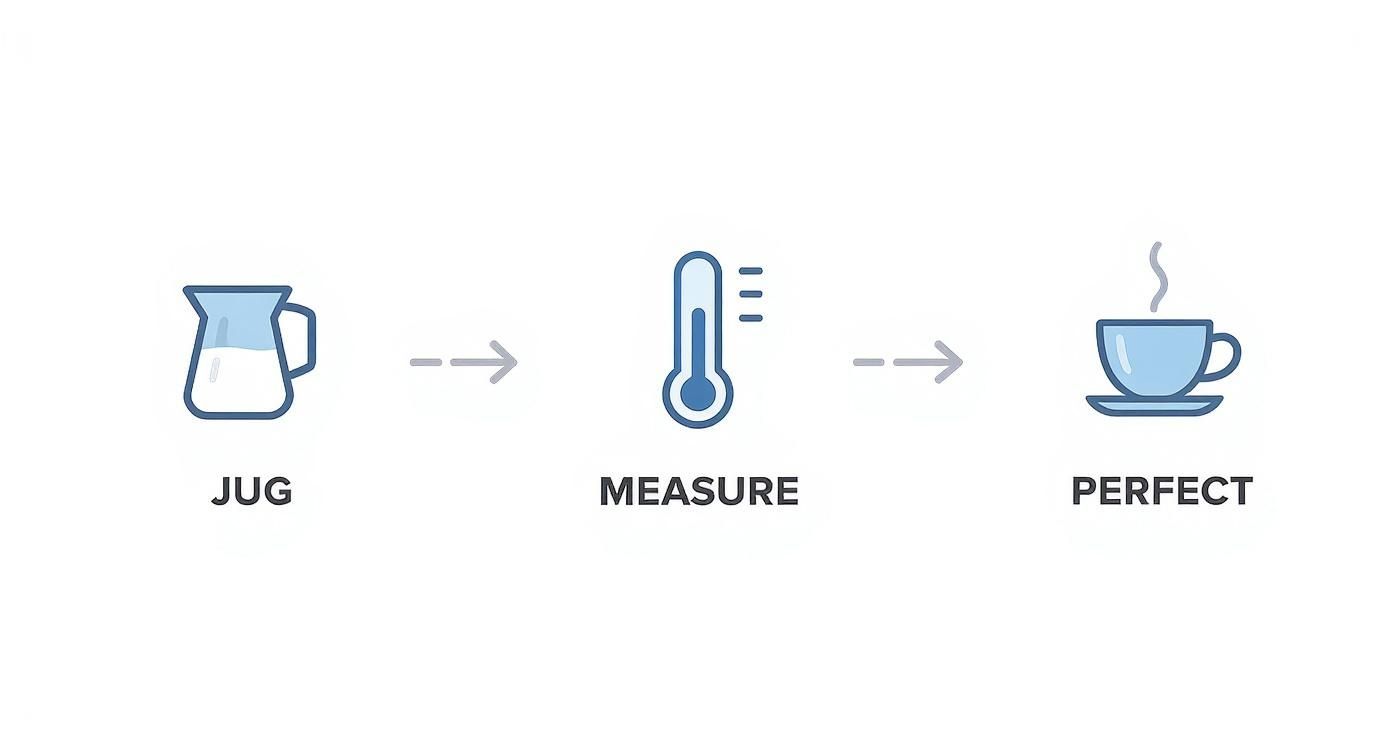 Three step process showing jug, thermometer measuring temperature, and perfect steamed milk coffee cup