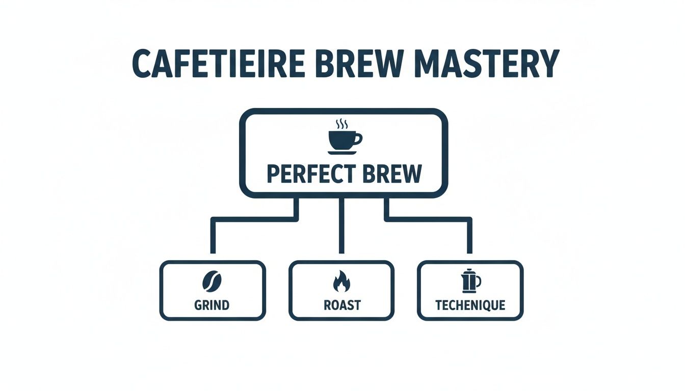 A flowchart titled 'Cafetiere Brew Mastery' outlining a perfect brew, broken down into grind, roast, and technique.