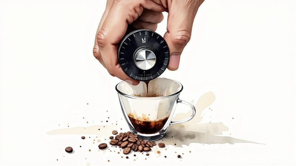 Hand pouring freshly ground coffee from a device into a clear glass cup with beans.