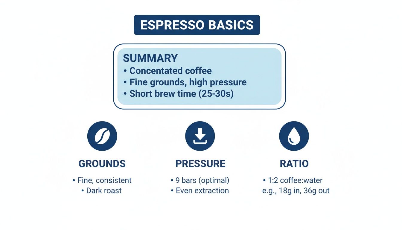 An infographic illustrating espresso basics, detailing grounds, pressure, ratio, and key characteristics like brew time.
