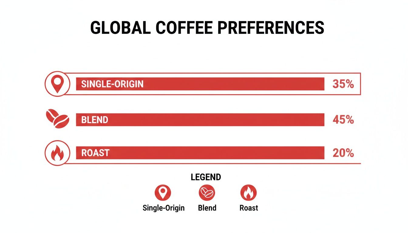 Bar chart showing global coffee preferences: Blend 45%, Single-Origin 35%, Roast 20%.