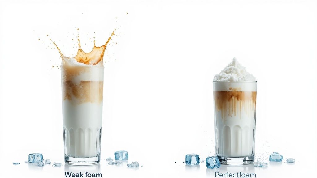 Two iced coffee drinks: one with a messy splash of weak foam, the other with perfect, thick foam.