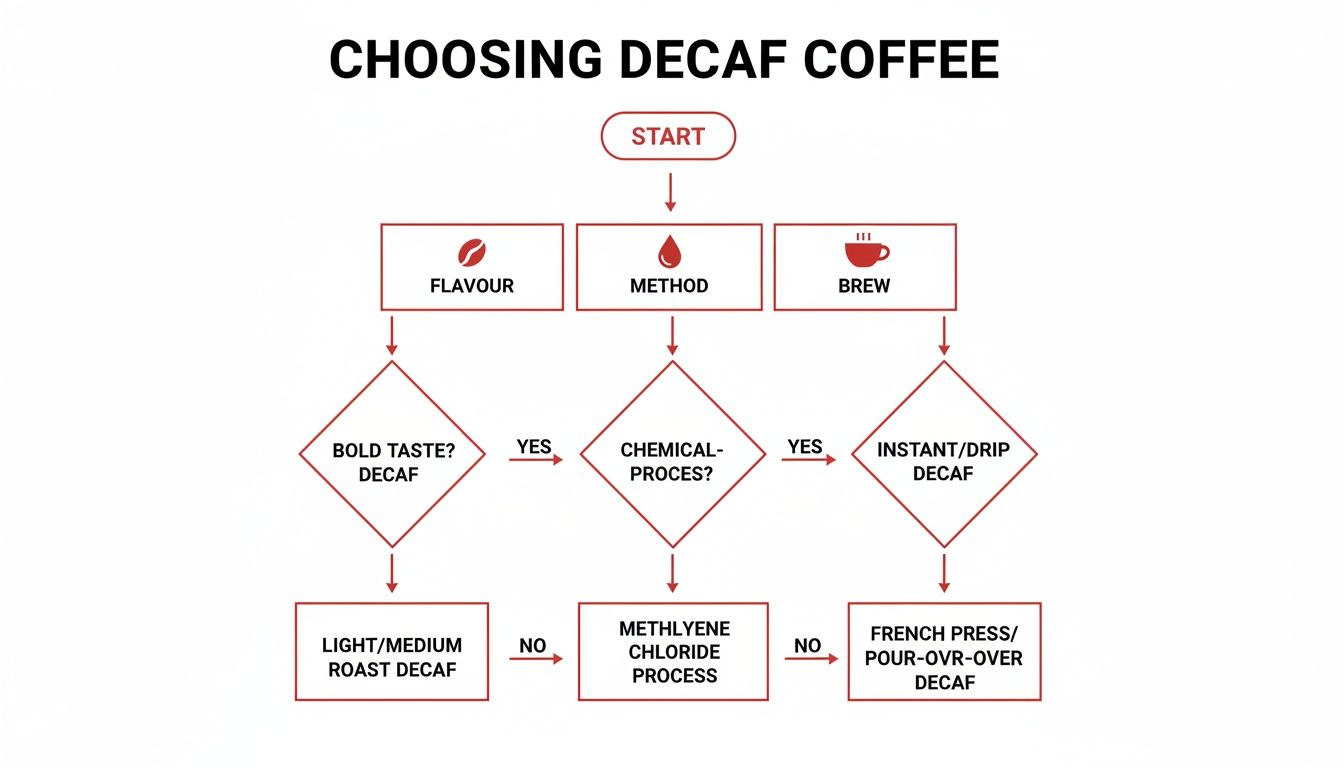 Flowchart illustrating how to choose decaf coffee based on desired flavour, decaffeination method, and brewing style.
