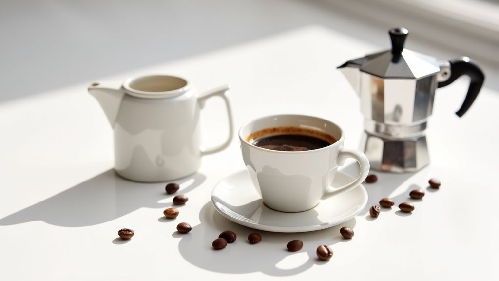 A white cup of black coffee, a moka pot, creamer, and scattered coffee beans on a bright white surface.