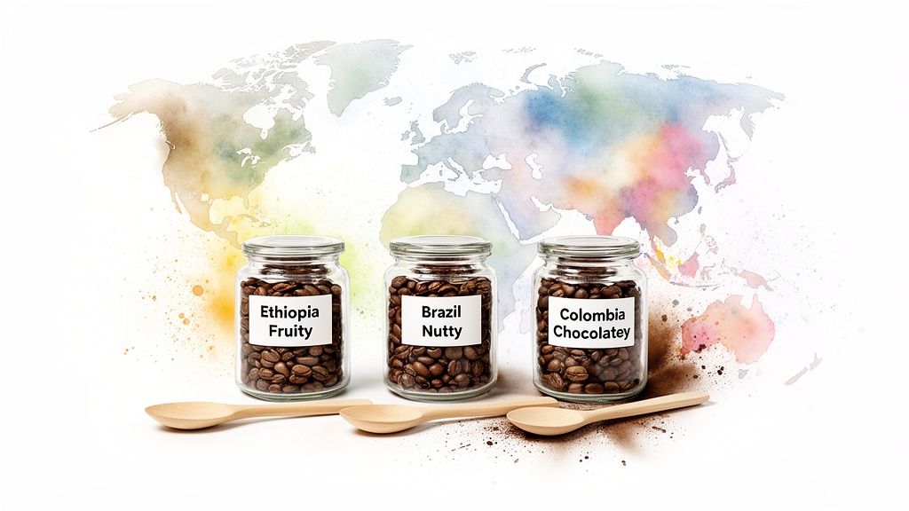 Three jars of specialty coffee beans from Ethiopia, Brazil, Colombia, with flavor labels and a world map.