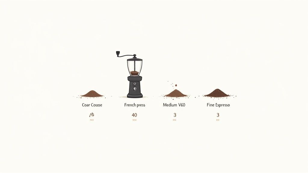 An illustration showing different coffee grind sizes and a coffee grinder for various brewing methods.