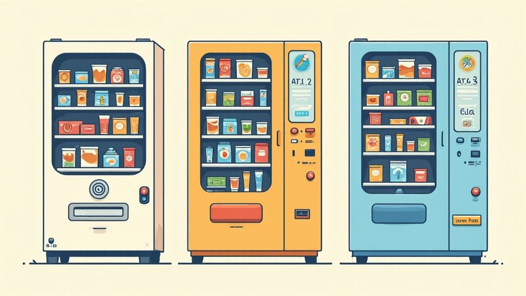 Three cartoon vending machines (white, orange, blue) full of various snacks and drinks.