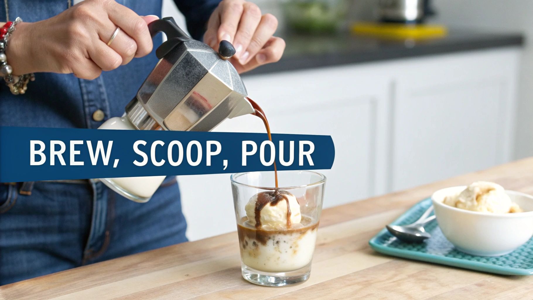 Vanilla gelato being scooped into a glass, with an espresso machine in the background.