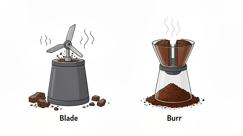 Illustration comparing a blade coffee grinder producing uneven grounds and a burr grinder producing consistent grounds with less heat.