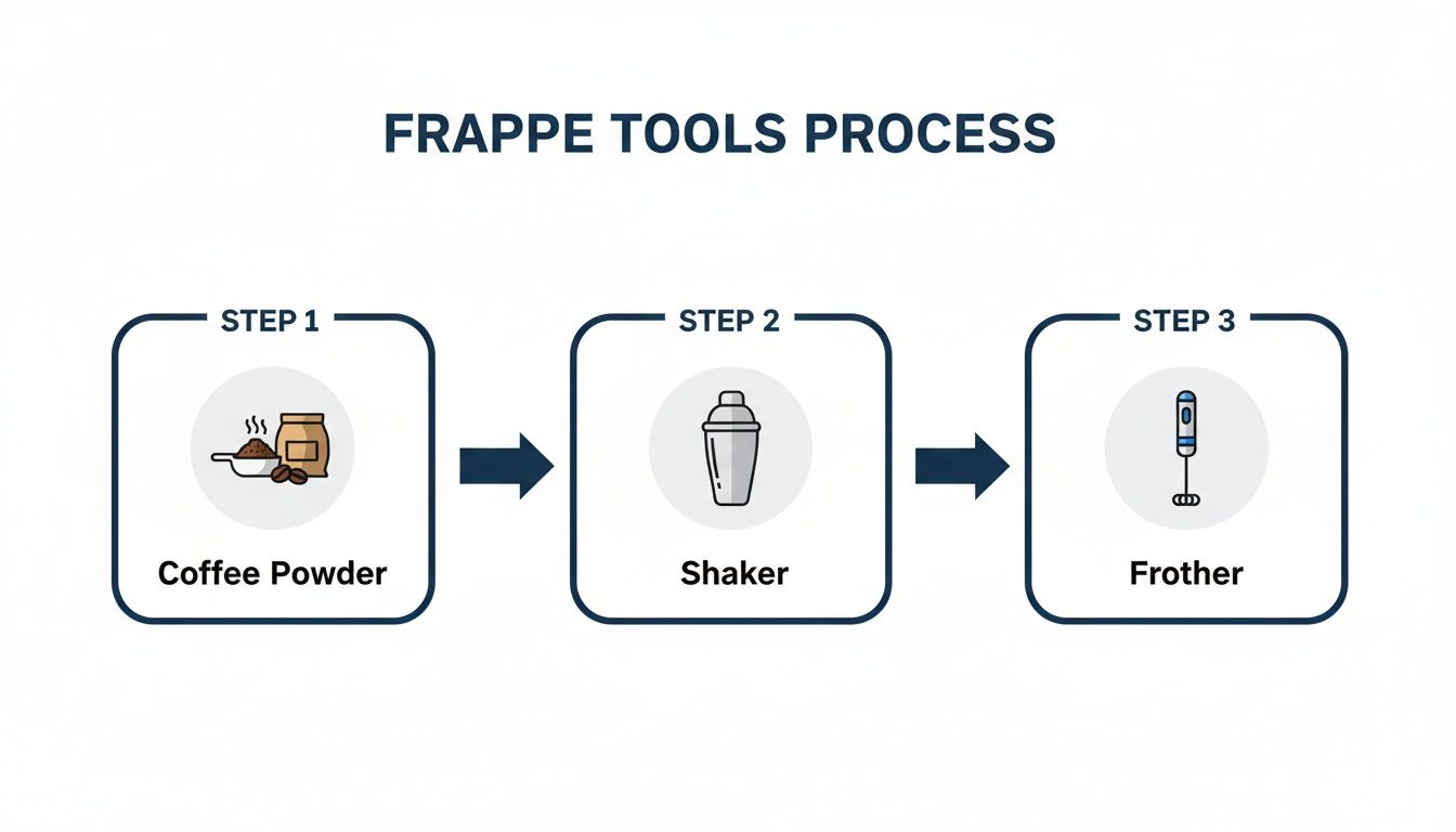 A three-step visual guide illustrating the process of making frappe using coffee powder, a shaker, and a frother.