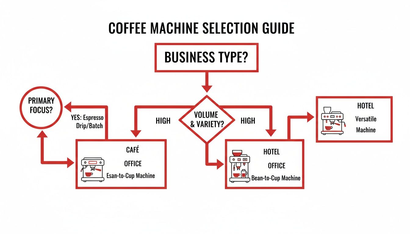 Flowchart guiding coffee machine selection based on business type, volume, variety, and primary focus.