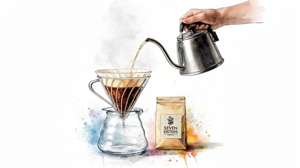 A hand pours hot water from a gooseneck kettle into a V60 coffee dripper to brew coffee.