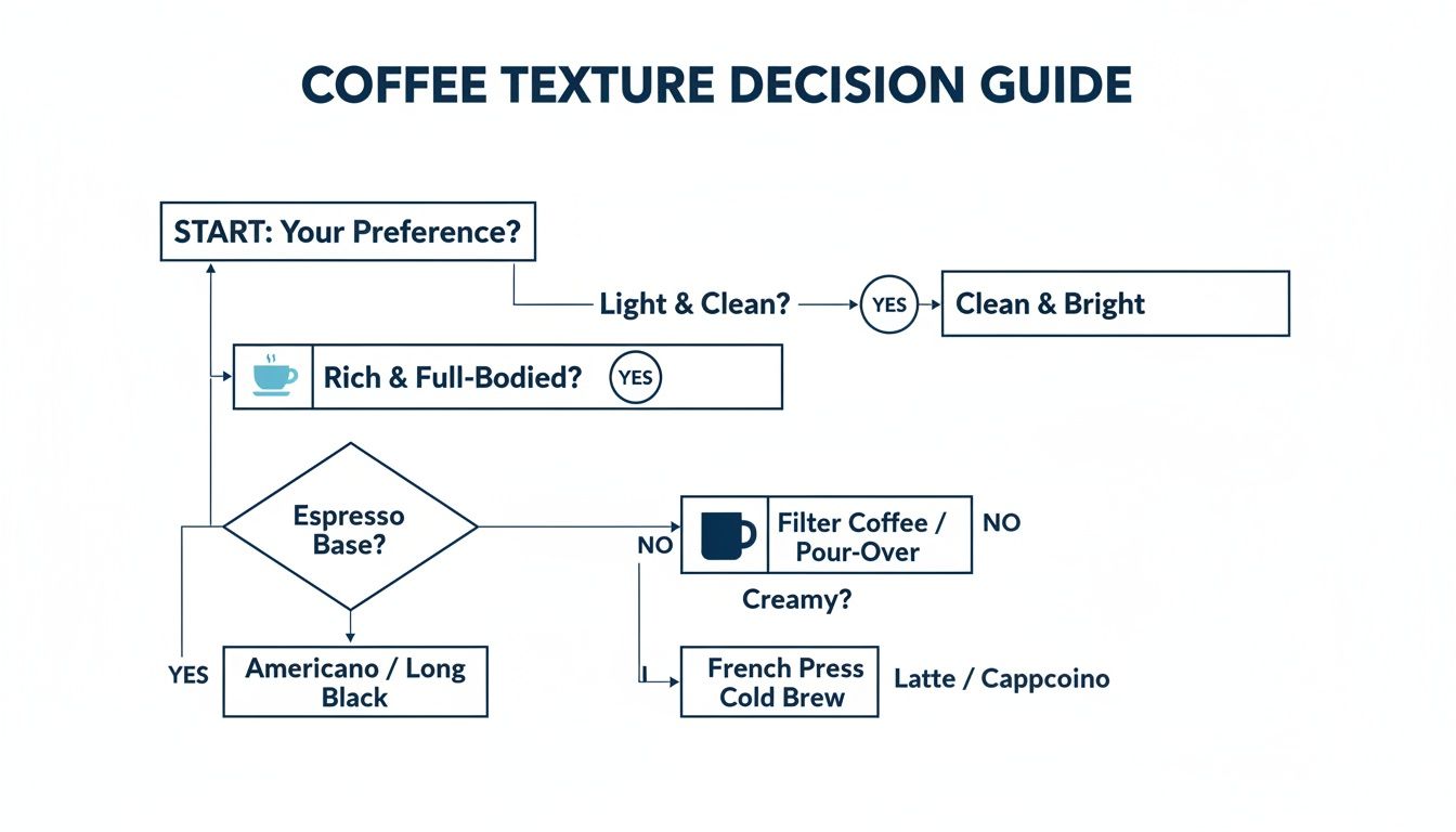Flowchart guide to choosing coffee based on texture preference: light, clean, rich, full-bodied, creamy, or espresso base.