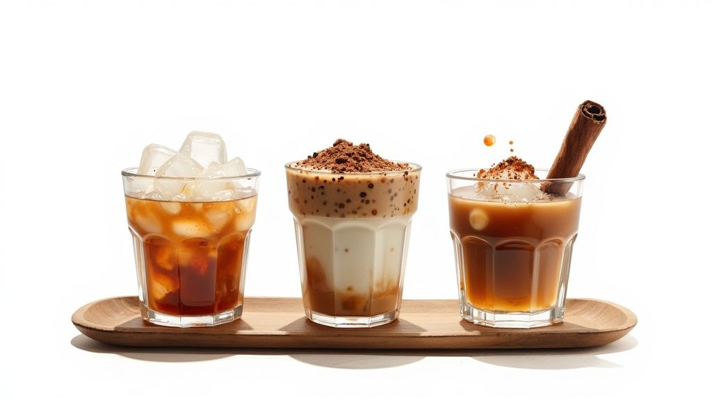 Three diverse iced coffee beverages on a wooden tray with unique toppings and spices.