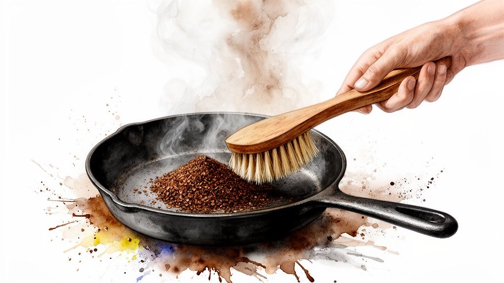 A hand uses a wooden brush to move coffee grounds in a cast iron skillet, with smoke rising.