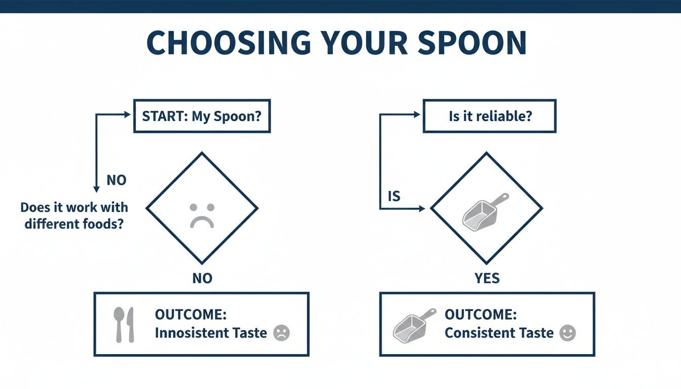 A flowchart titled 'Choosing Your Spoon' illustrates criteria for consistent versus inconsistent taste outcomes.