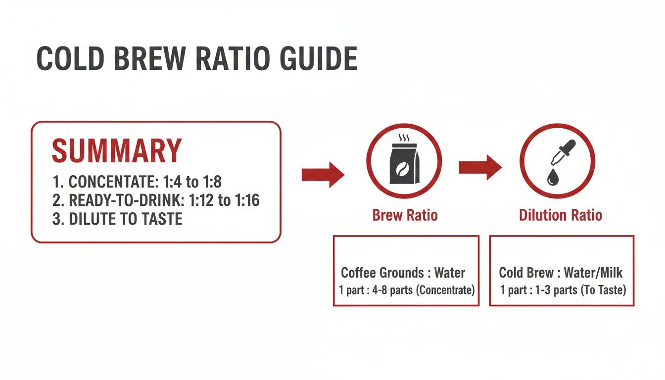 Infographic illustrating cold brew coffee ratio guide with brewing and dilution instructions.