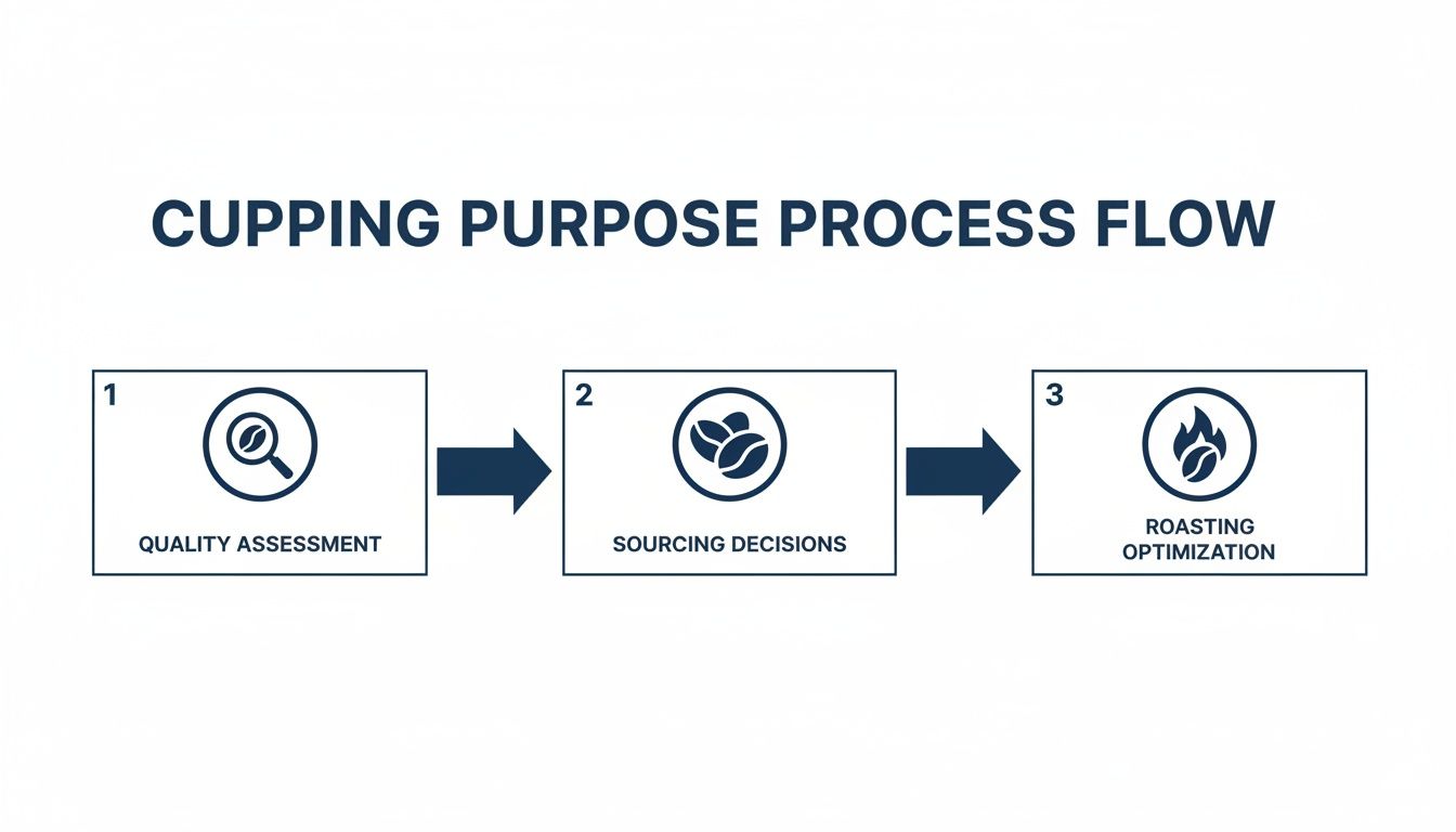 Flow chart illustrating the three key purposes of coffee cupping: quality assessment, sourcing, and roasting.