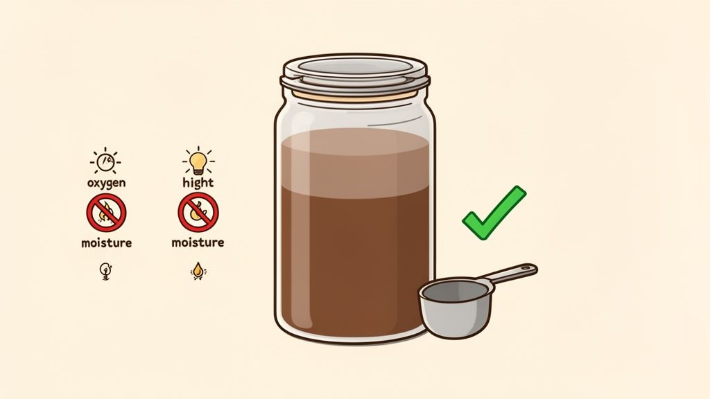 Illustration showing optimal storage for coffee or similar dry goods in a sealed jar, avoiding light, oxygen, and moisture.