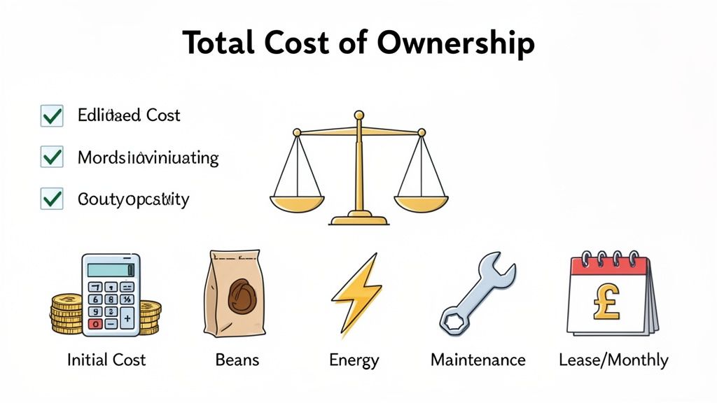 An illustration showing the total cost of ownership, including initial cost, beans, energy, maintenance, and lease or monthly payments.