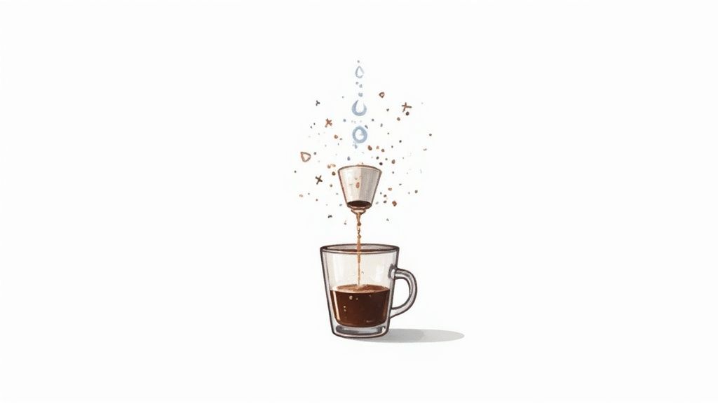 A charming illustration shows coffee brewing, with water and grounds above a filter dripping into a glass cup.