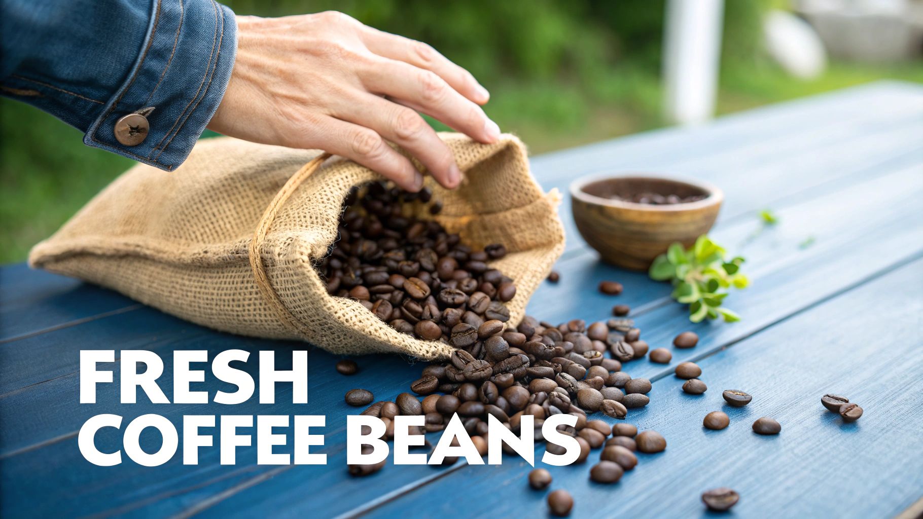 A close-up shot of dark, glossy espresso beans in a wooden scoop.