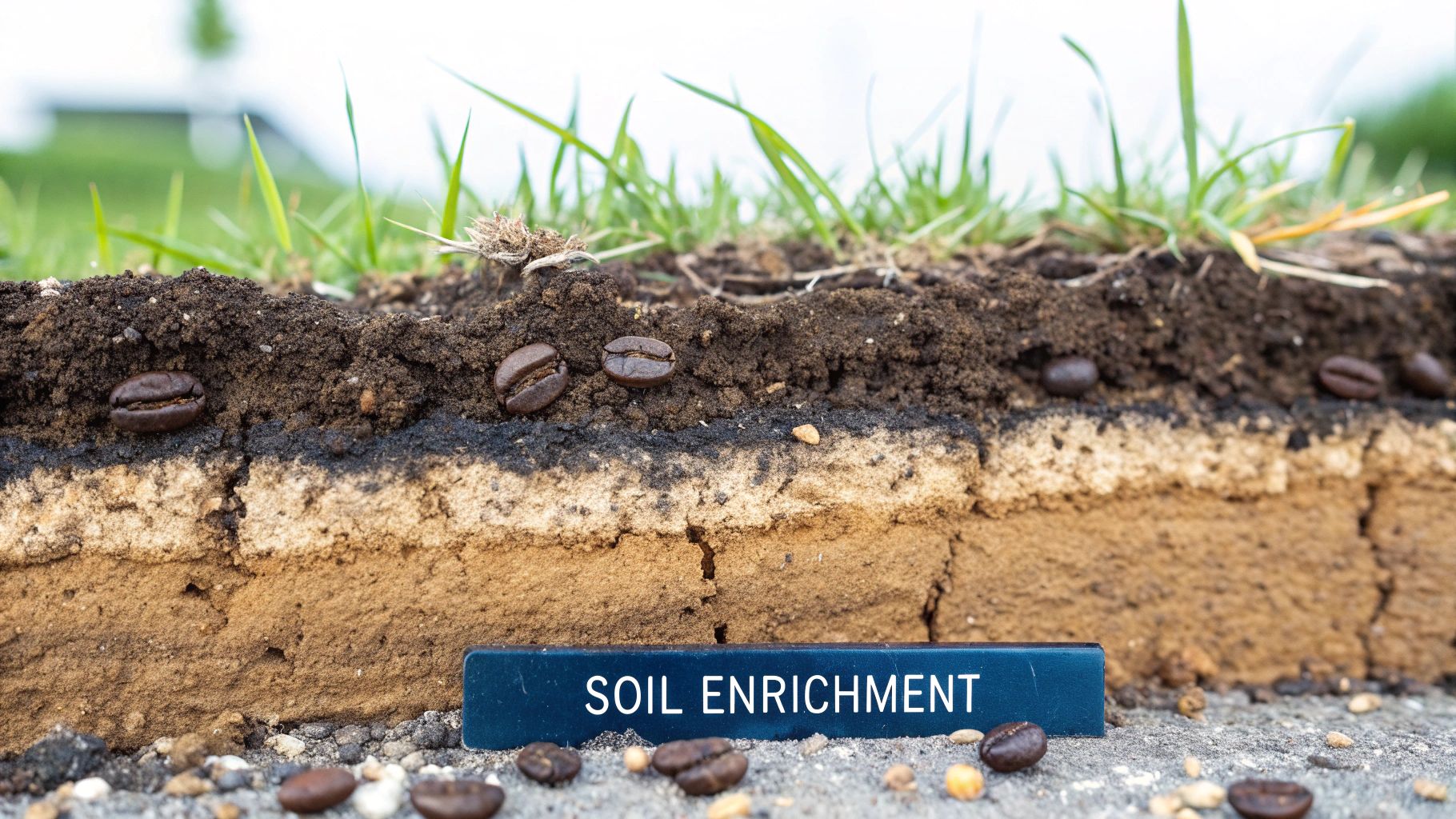A handful of rich, dark coffee grounds being mixed into healthy garden soil.