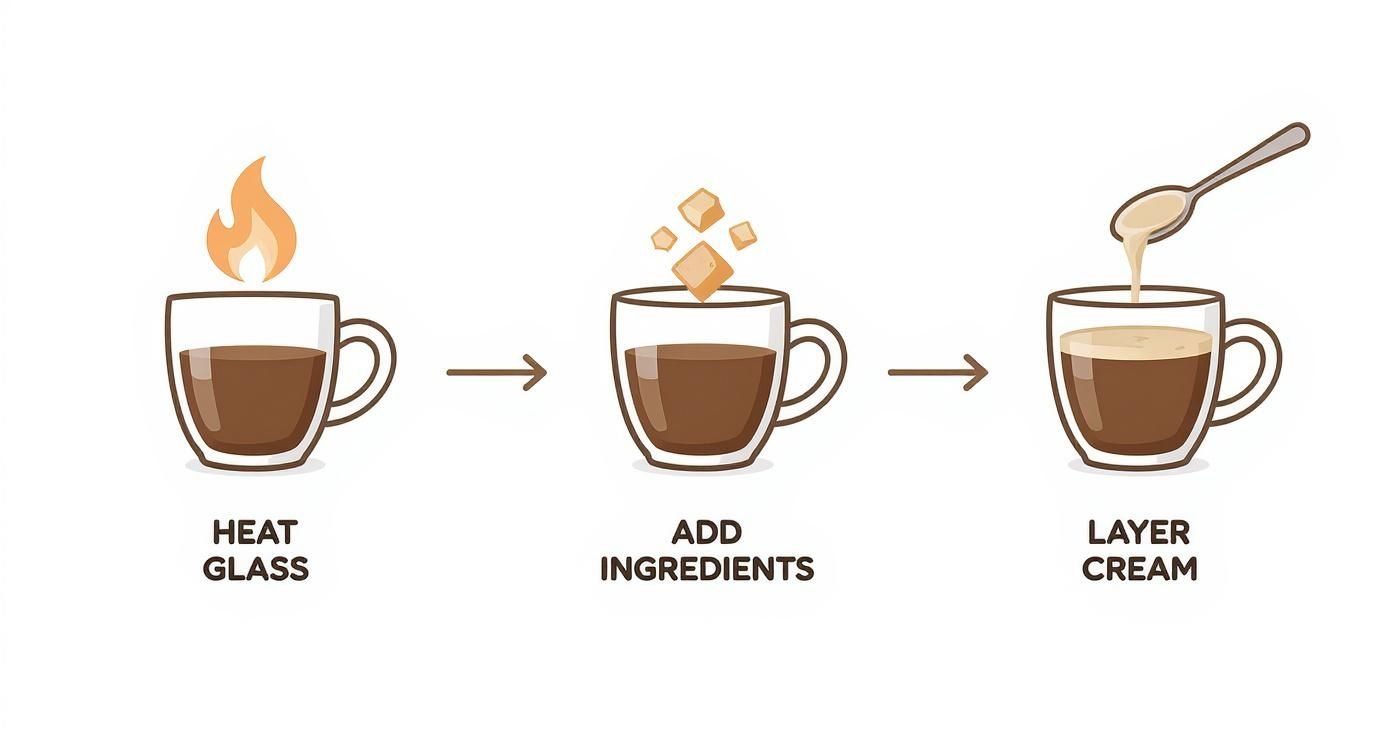 Three-step illustrated guide showing how to prepare Irish coffee: heat glass, add ingredients, layer cream.