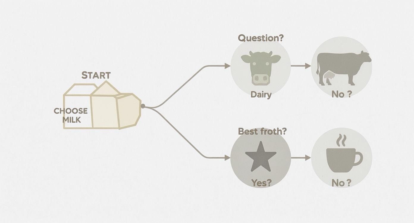 Decision flowchart for choosing milk type starting with dairy versus froth quality questions
