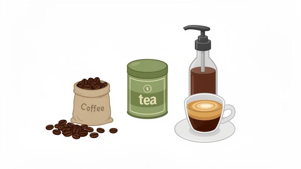 An illustration showing coffee beans, a tea tin, syrup, and an espresso cup, representing beverage supplies.