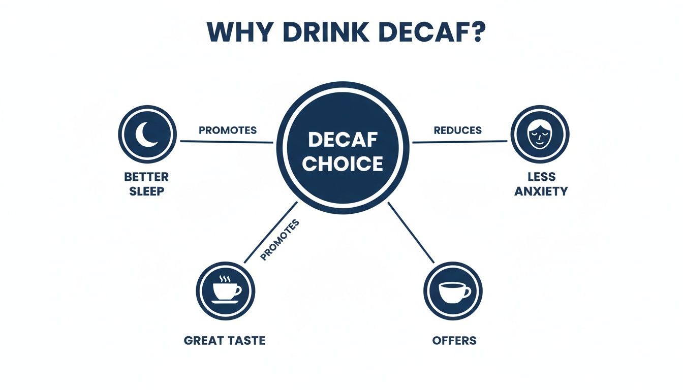 A diagram explaining the benefits of choosing decaf: better sleep, less anxiety, great taste, and other offers.