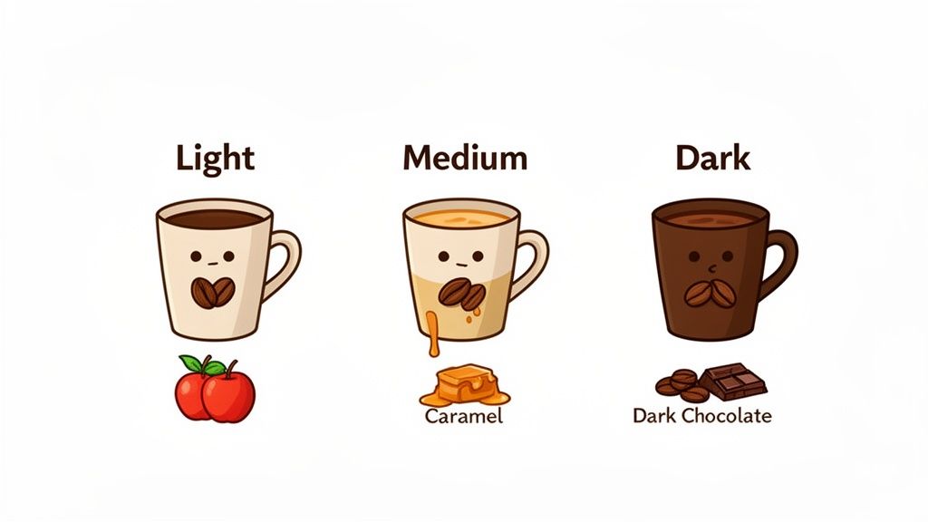 Cartoon illustration of three coffee roast levels: Light (with apple), Medium (with caramel), and Dark (with chocolate).