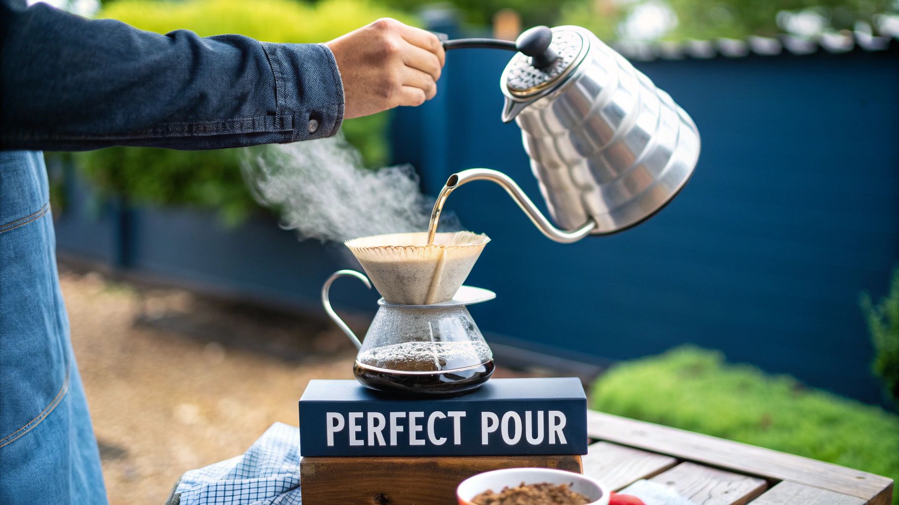 A person carefully pouring water from a gooseneck kettle into a V60 dripper.