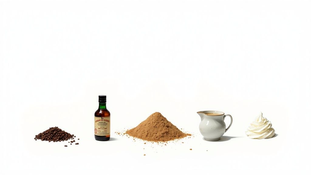 Ingredients for Irish coffee: coffee beans, whiskey bottle, brown sugar, cream, and whipped cream.